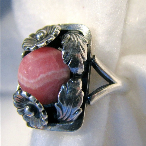 Vintage DANISH N.E. Pink rhodochrosite floral ring - Picture 4 of 7
